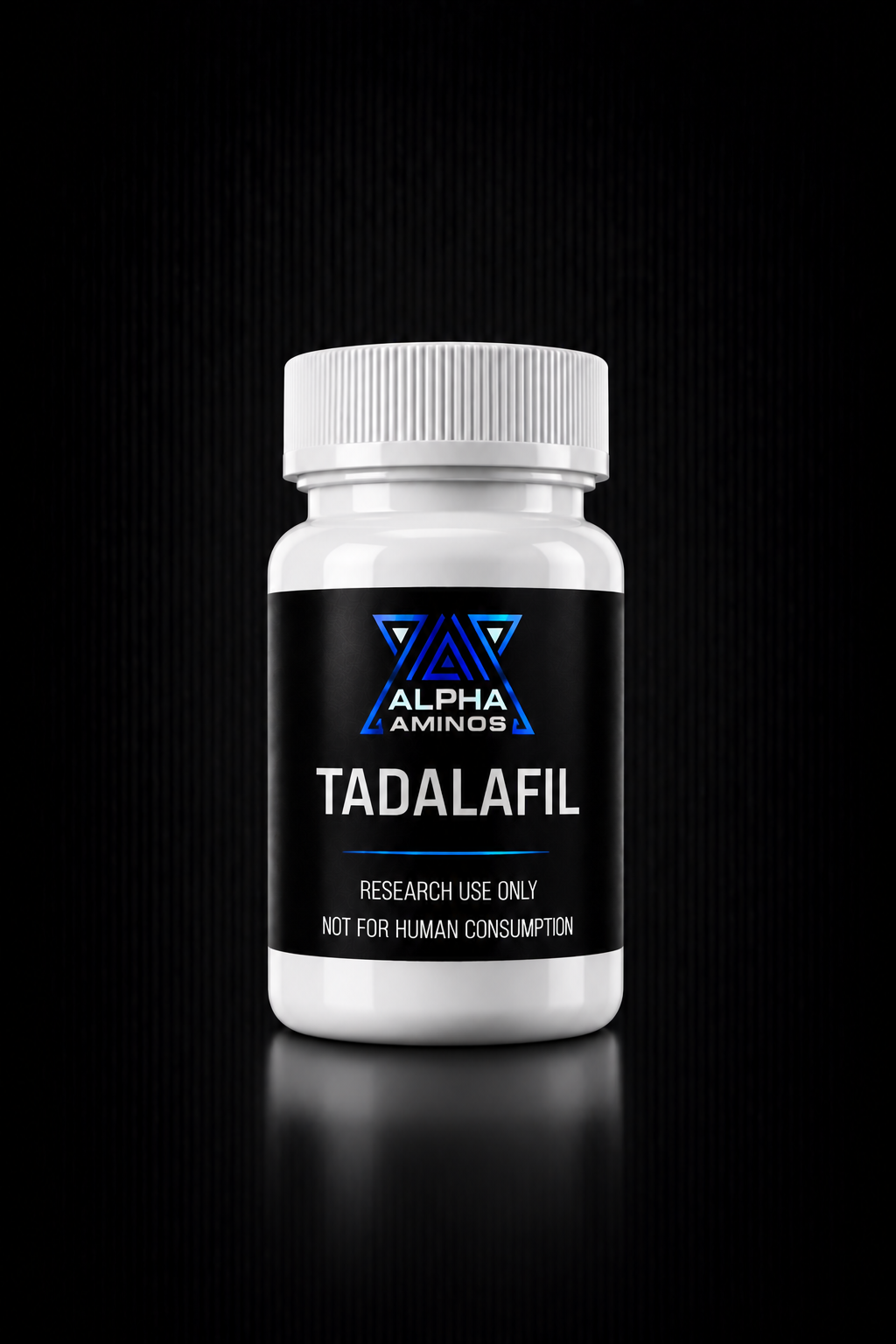 White pill bottle labeled “Tadalafil” with black label on a dark background