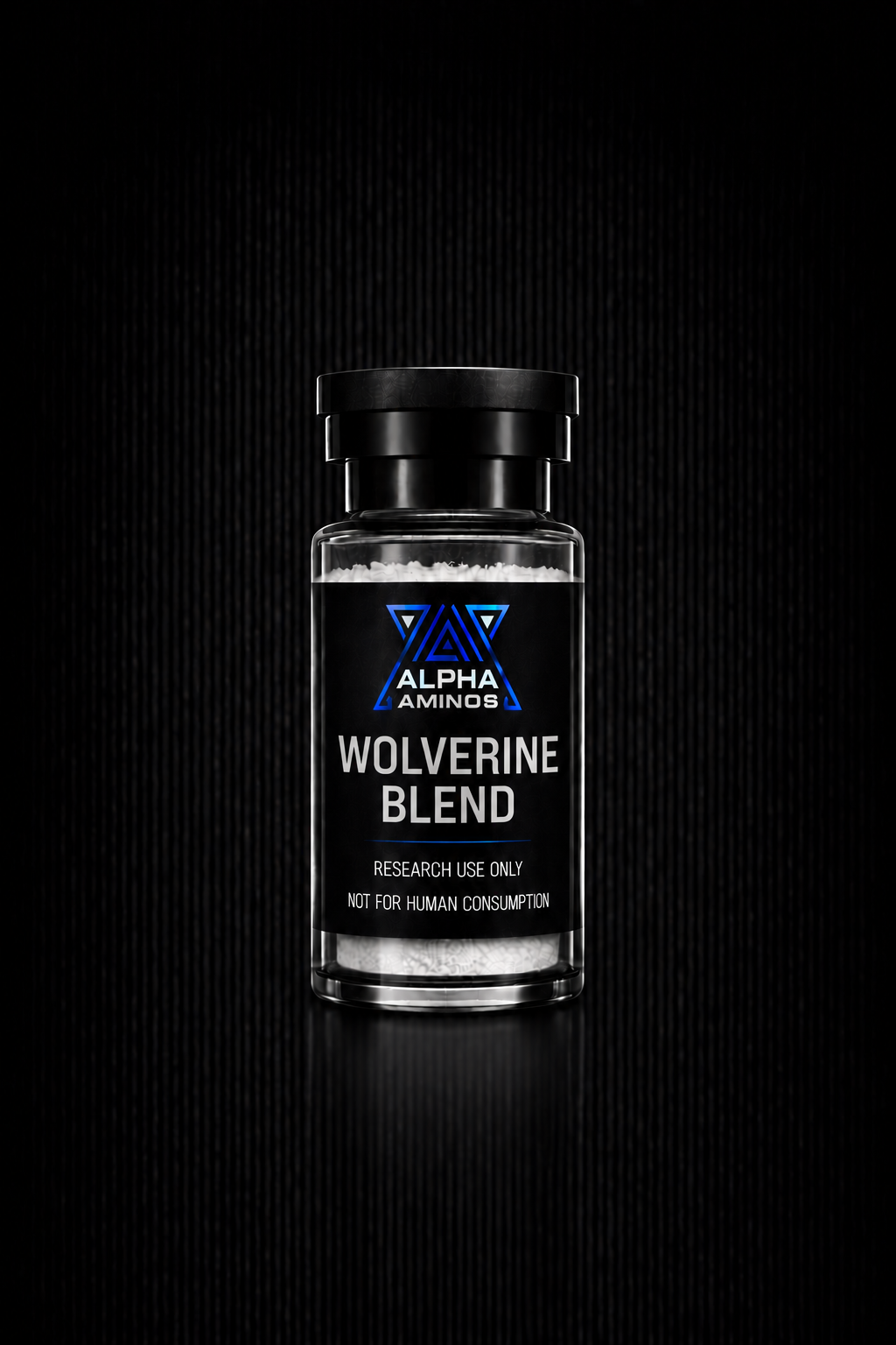Black supplement bottle labeled “Wolverine Blend” on a dark background.