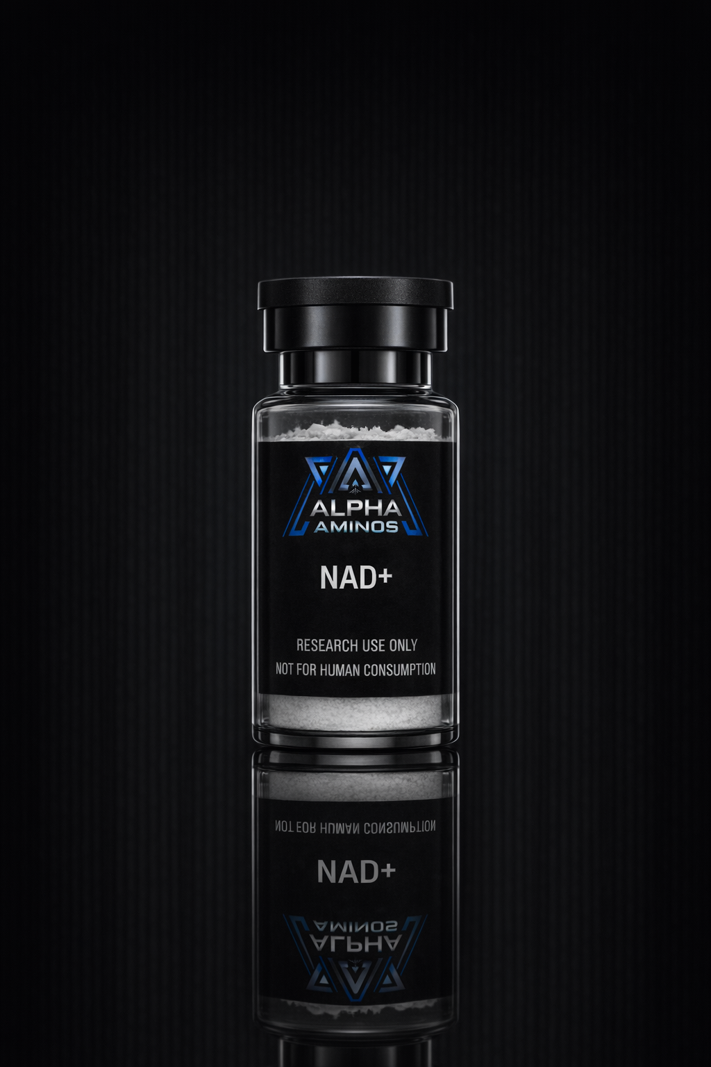 Black supplement bottle labeled “ALPHA” and “NAD+” on a dark background, with a mirrored reflection below