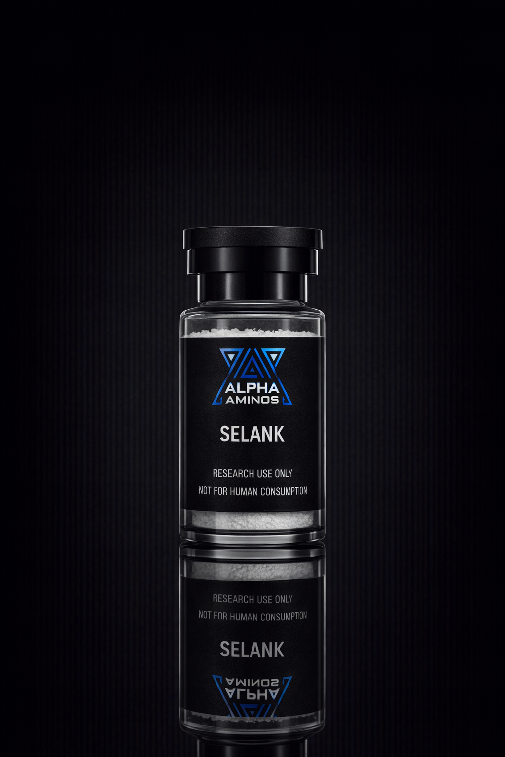 Black SELANK Alpha bottle centered on a dark reflective background