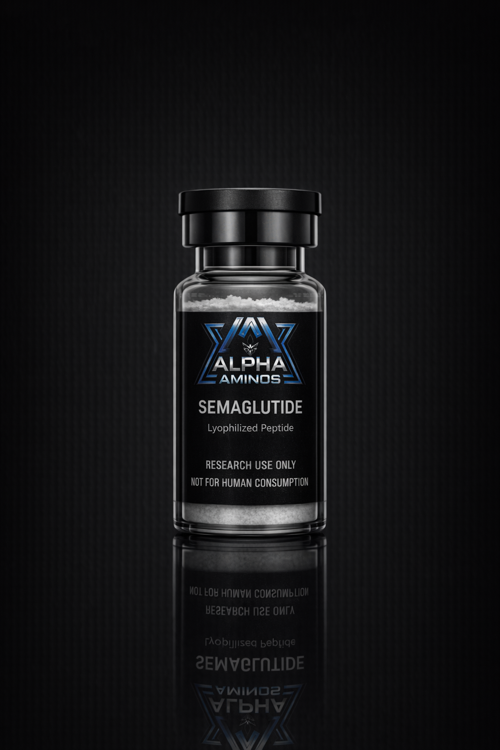 Black ALPHA Semaglutide vial on dark background with reflective surface
