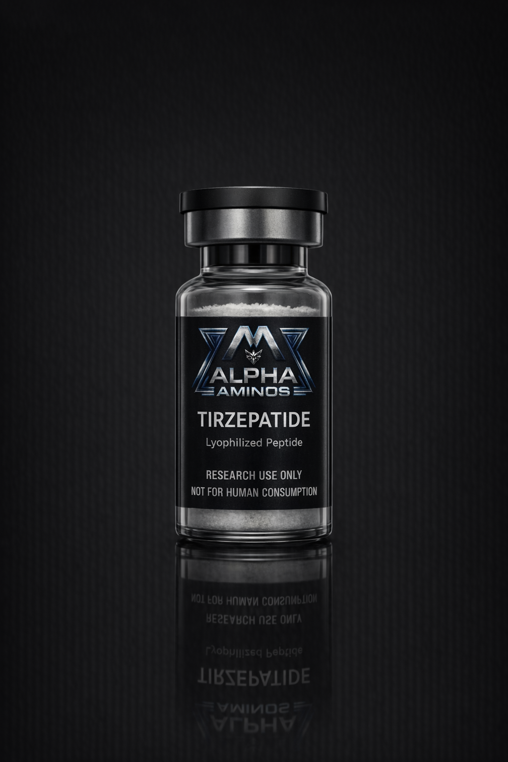 Black supplement bottle labeled “Alpha Tirzepatide” on a dark background with reflection
