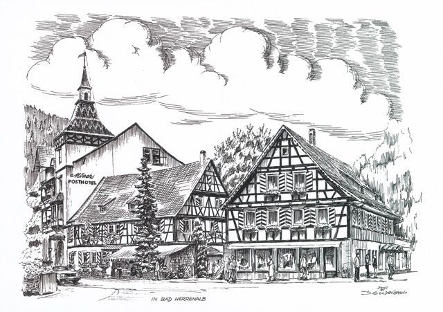 Eine Schwarzweißzeichnung eines Gebäudes mit einer Kirche im Hintergrund.