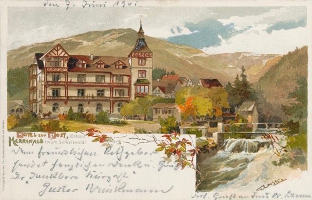 Eine Postkarte mit einem Bild einer Burg und eines Wasserfalls