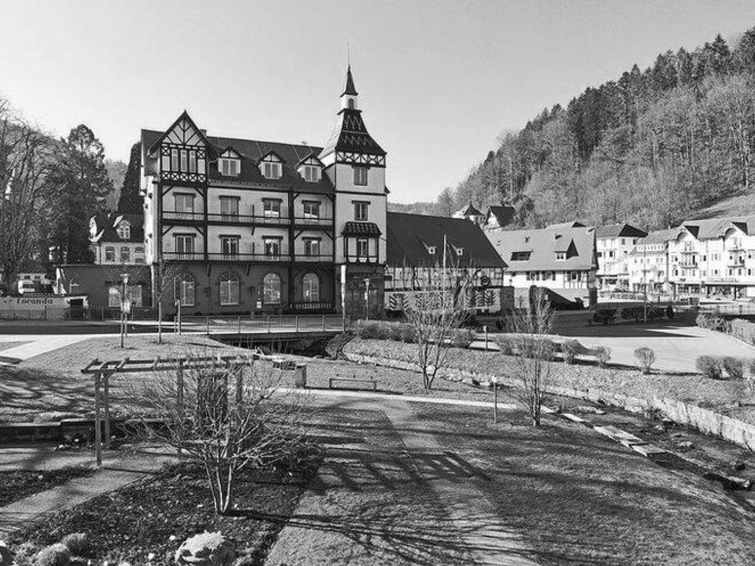 Ein Schwarzweißfoto eines großen Gebäudes inmitten eines Parks.
