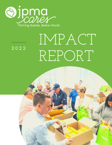 JPMACares 2022 Impact Report cover. People packing boxes, green background.