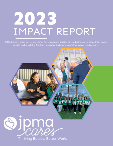 2023 Impact Report cover. JPMA Cares logo with photos of people and prevention message. Purple, green, and white.