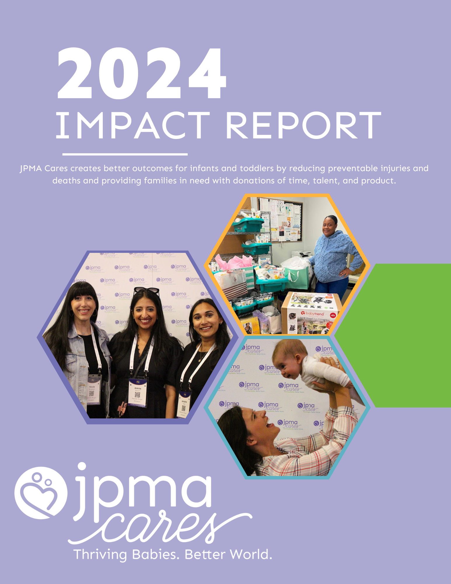 2024 Impact Report cover. Photos of people, babies, and products, with a purple, green, and white color scheme.