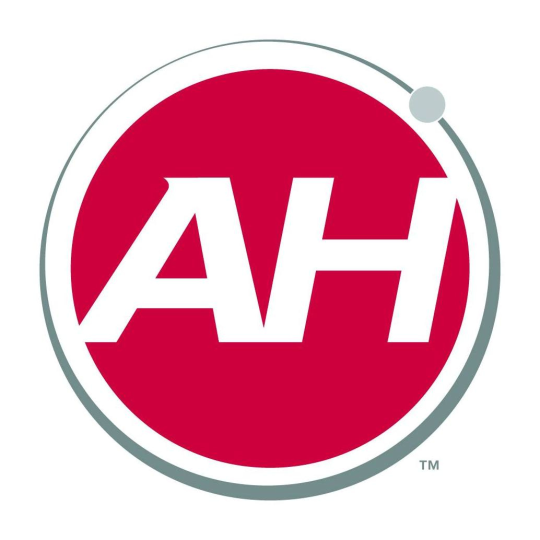AH logo inside a red circle, bordered by gray, with a small gray dot and the initials "AH" in white.