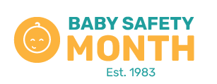 Baby Safety Month logo: yellow circle with a baby face icon, text 