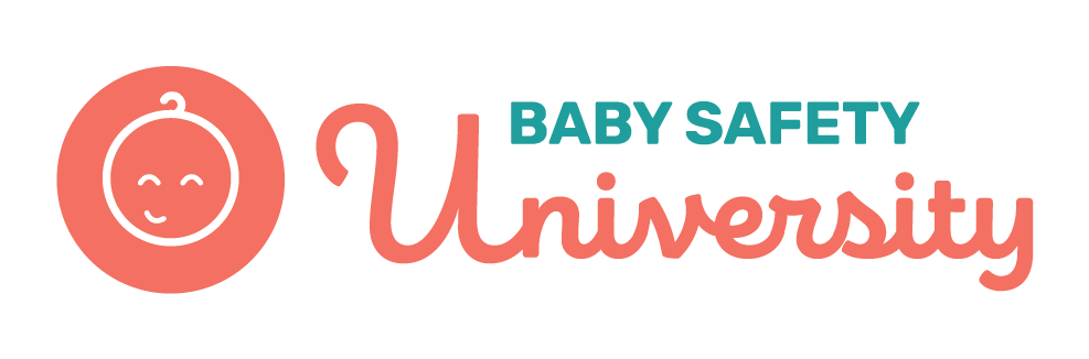Logo for Baby Safety University featuring a baby's face in a circle and the words “Baby Safety University.”