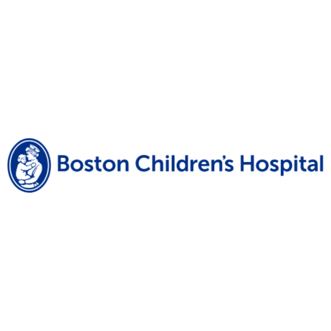Logo for Boston Children's Hospital:  blue oval with mother and child, text 