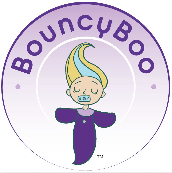 Logo: Purple circle, baby with blonde hair and pacifier, "BouncyBoo" text.