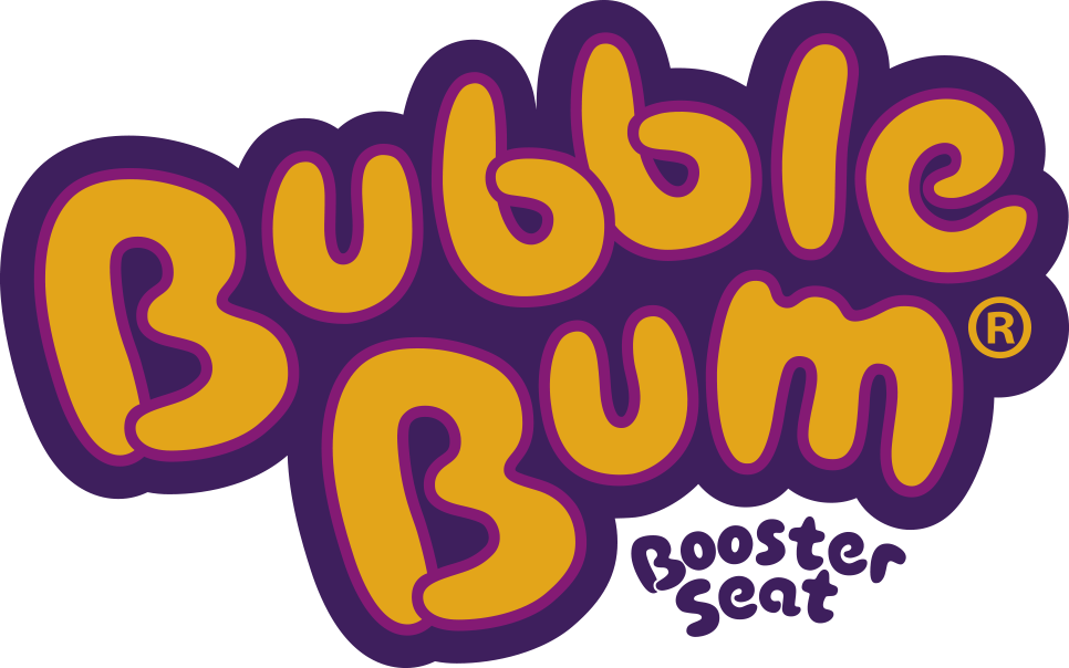 BubbleBum booster seat logo, purple and gold.