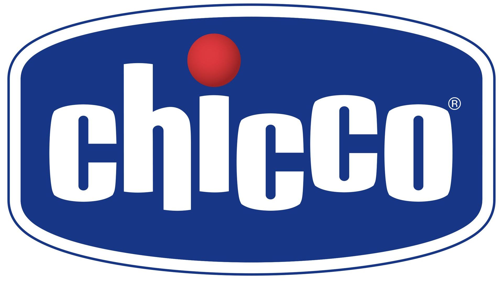 Chicco logo: white text "chicco" on a blue oval, with a red dot above the "i".