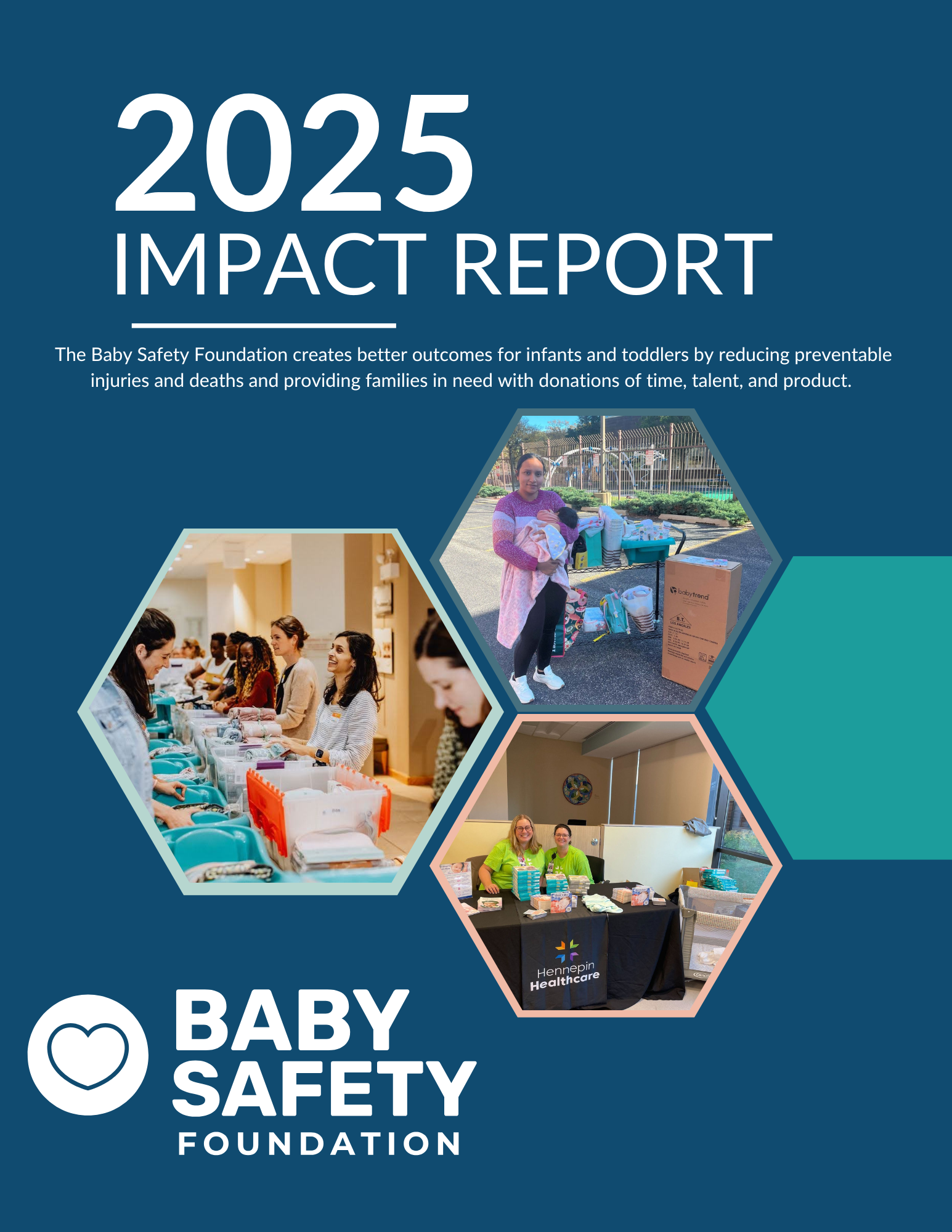 2025 Impact Report cover. Photos of people, babies, and products, with a blue and white color scheme.