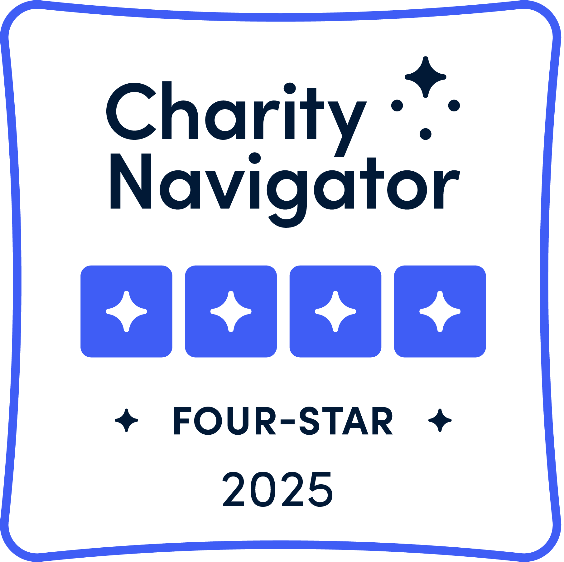 Charity Navigator Four-Star award badge, blue and white, 2025.