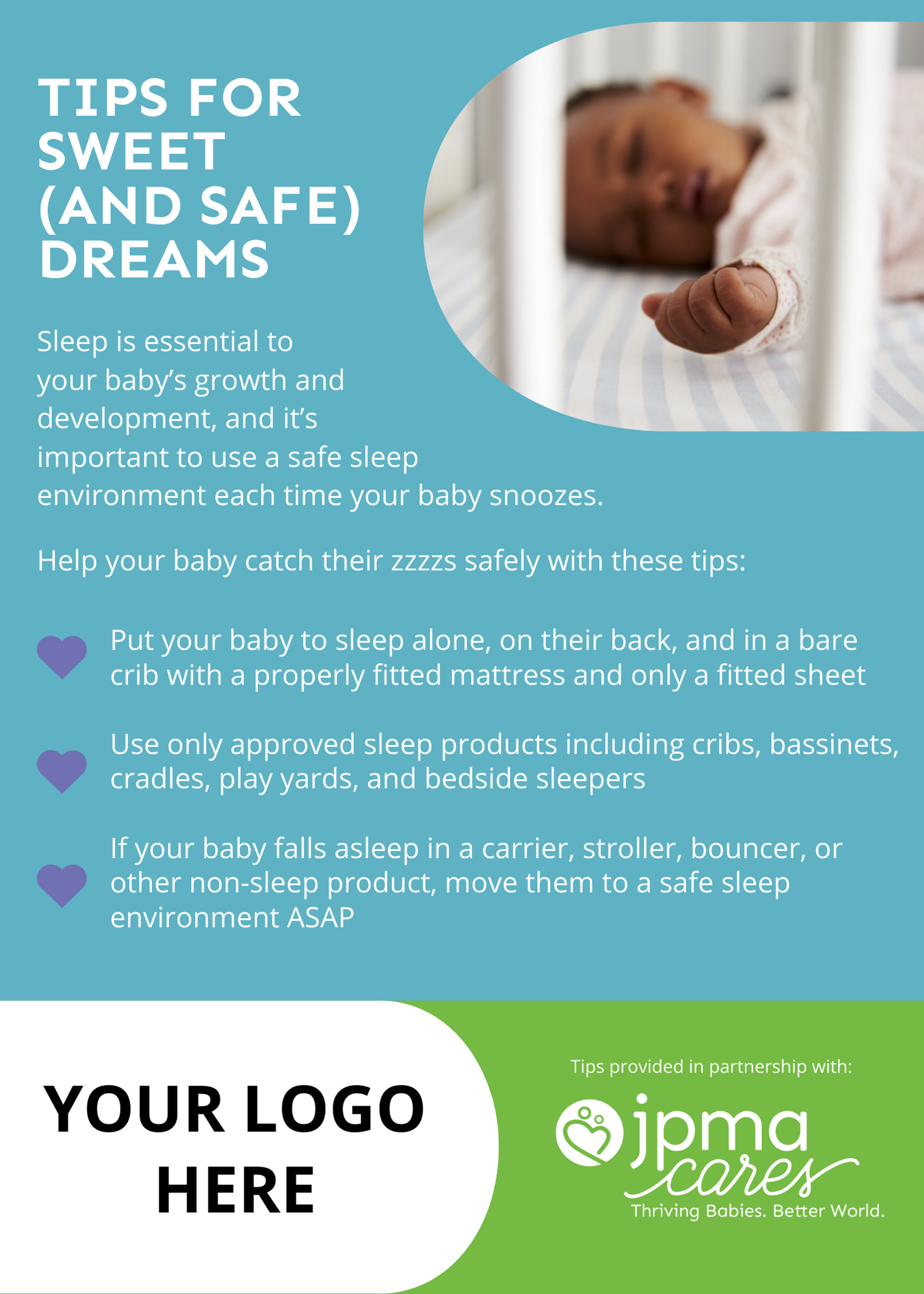 Infographic: Safe sleep tips for babies, blue background, photo of sleeping baby in a crib.