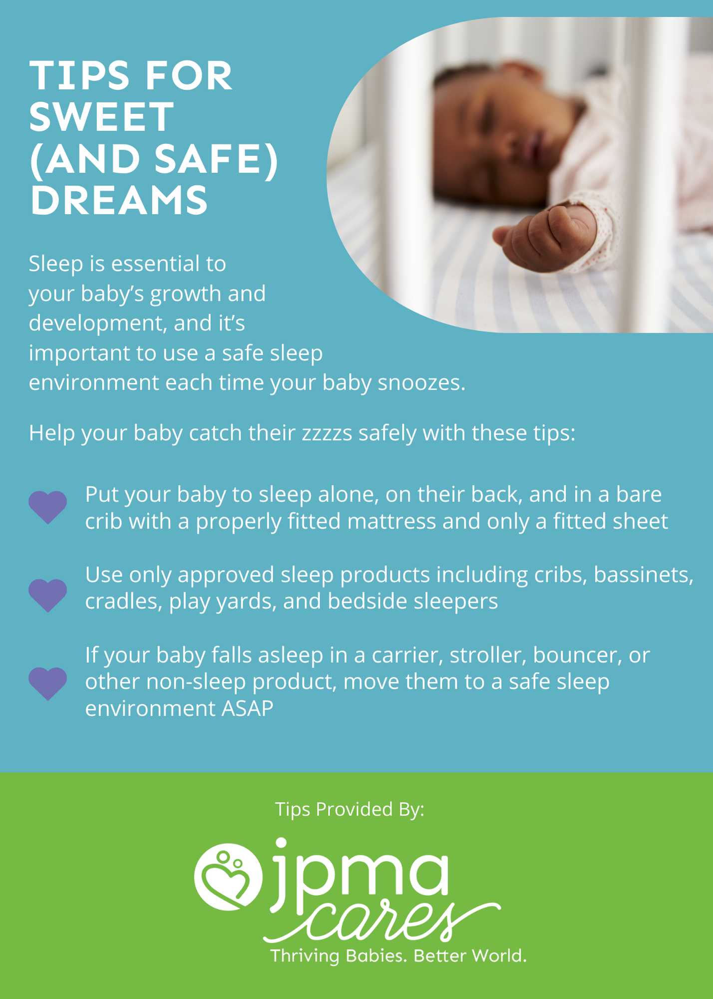 Infographic with safe sleep tips for babies, featuring a sleeping baby and advice on sleep environment.