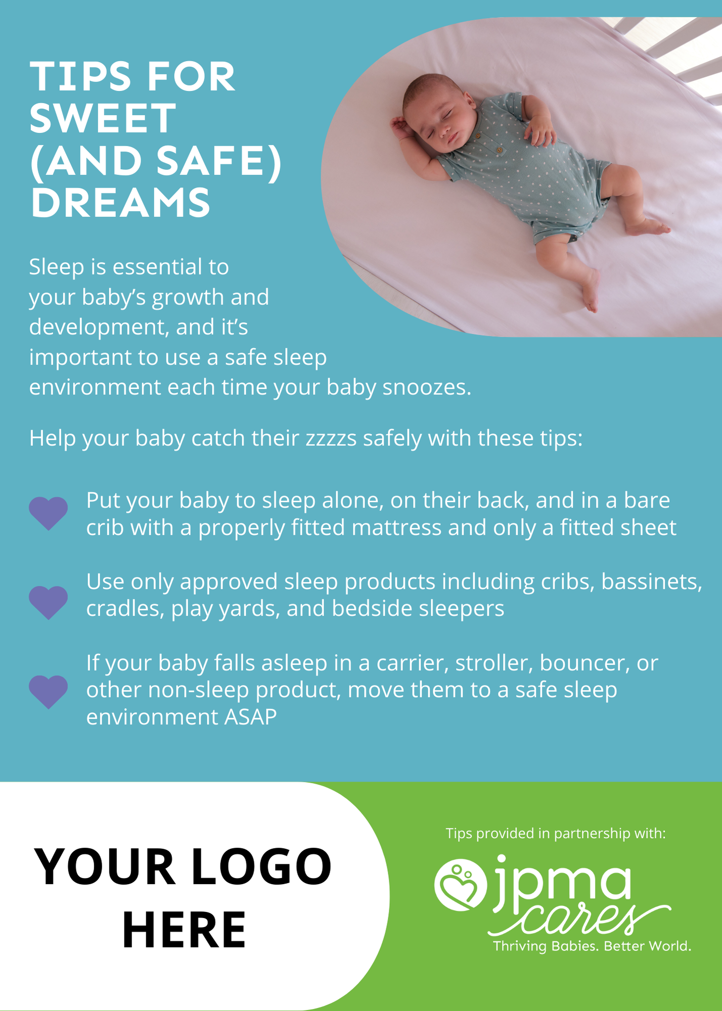 Blue and green infographic with safe sleep tips for babies, logo at bottom.