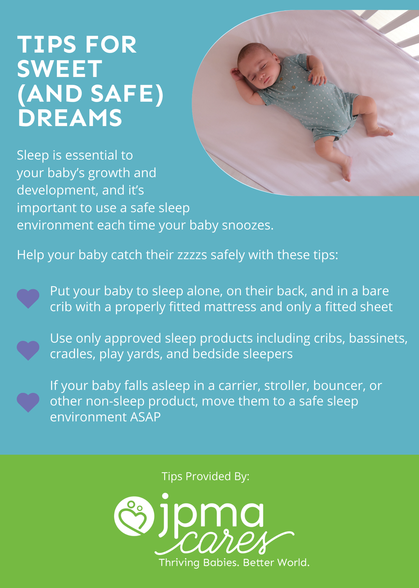 Infographic with safe sleep tips for babies, including sleeping on their back in a bare crib.