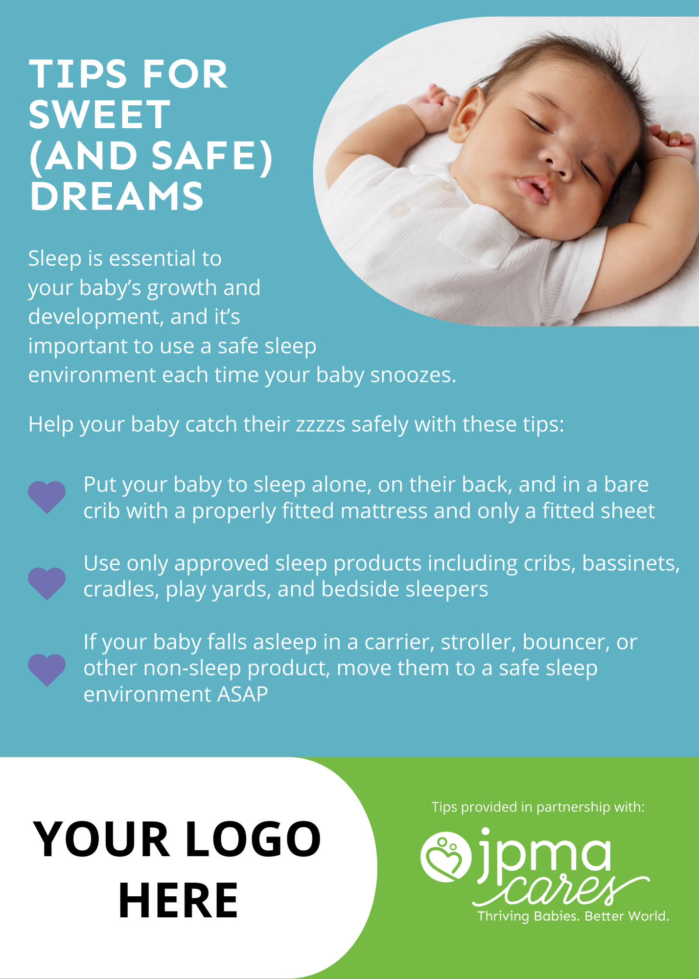 Poster with baby sleep tips, blue background, photo of sleeping baby, logo area, and 