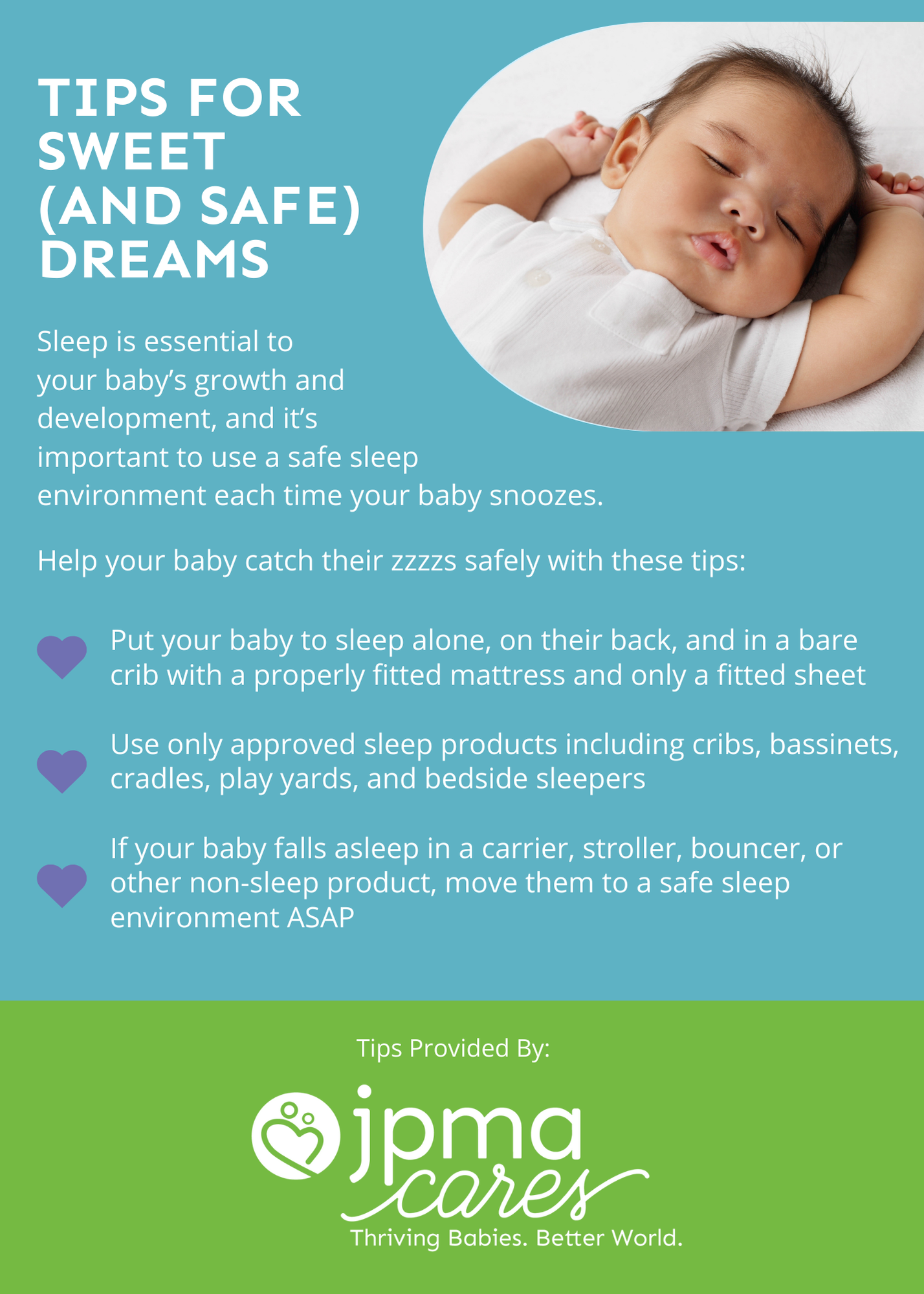Infographic: Tips for safe infant sleep. Baby sleeping on back. Green and blue background.