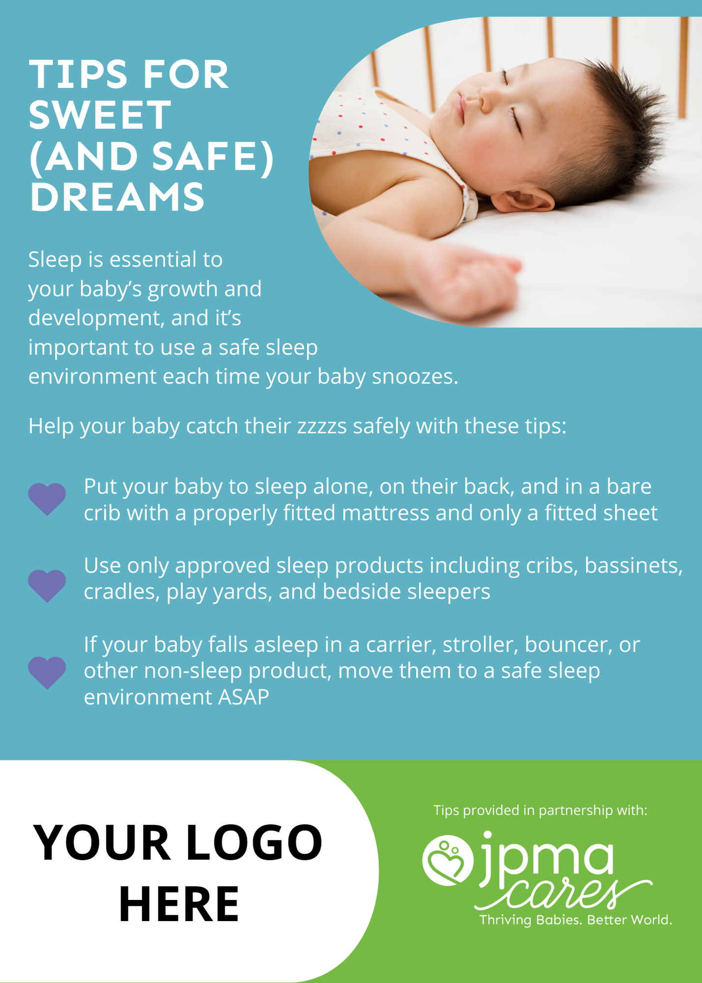 Poster: Sleep safety tips for babies. A baby sleeps on its back in a crib. Text over a blue background. Logo at the bottom.