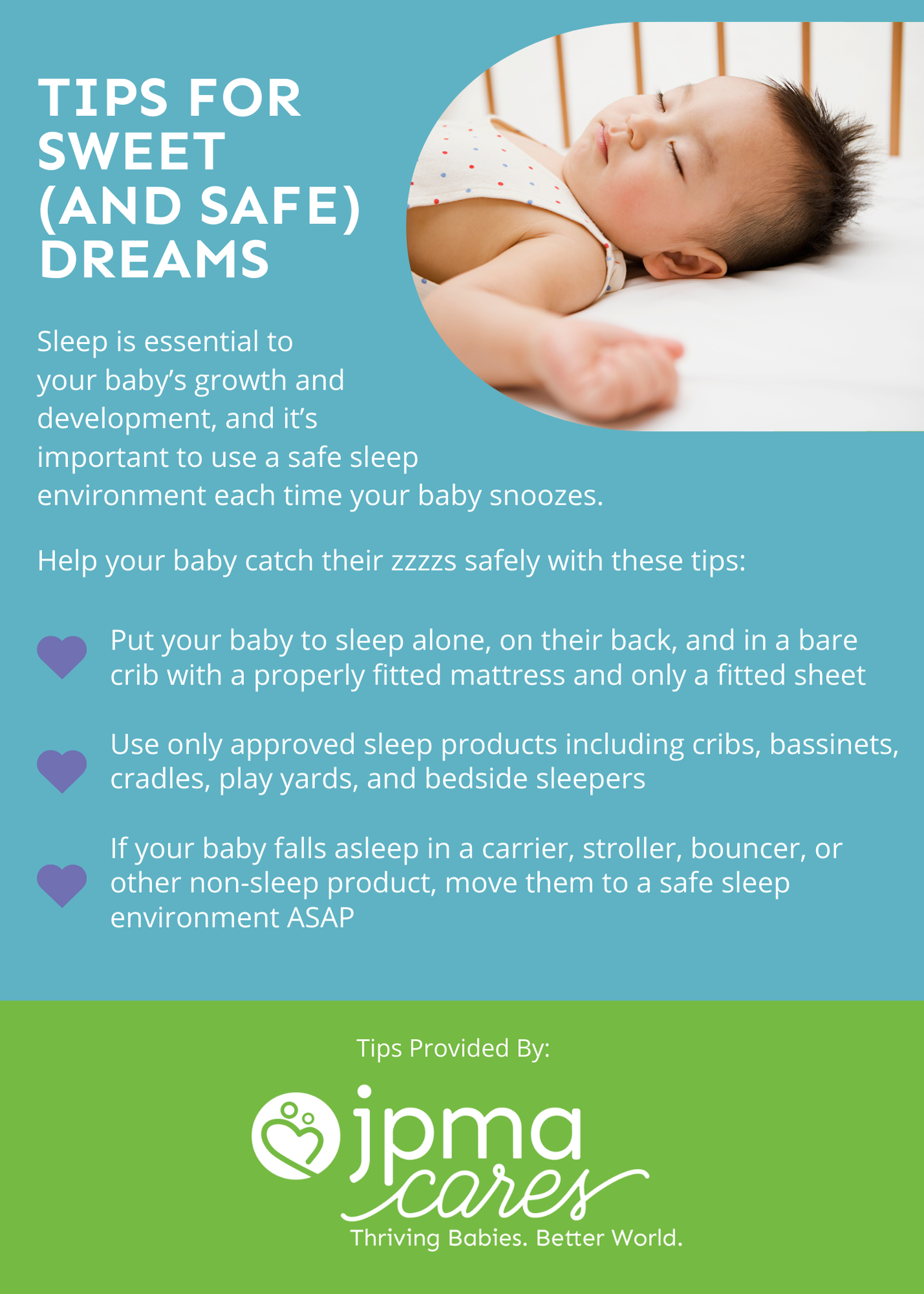 Infographic: Safe sleep tips for babies, featuring a sleeping infant in a crib.