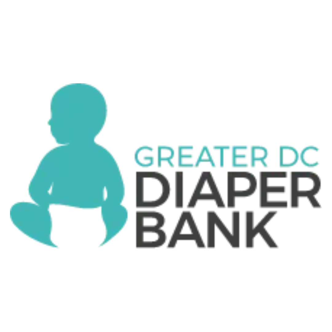 Logo of Greater DC Diaper Bank: A teal silhouette of a baby sitting, with text in teal and black.