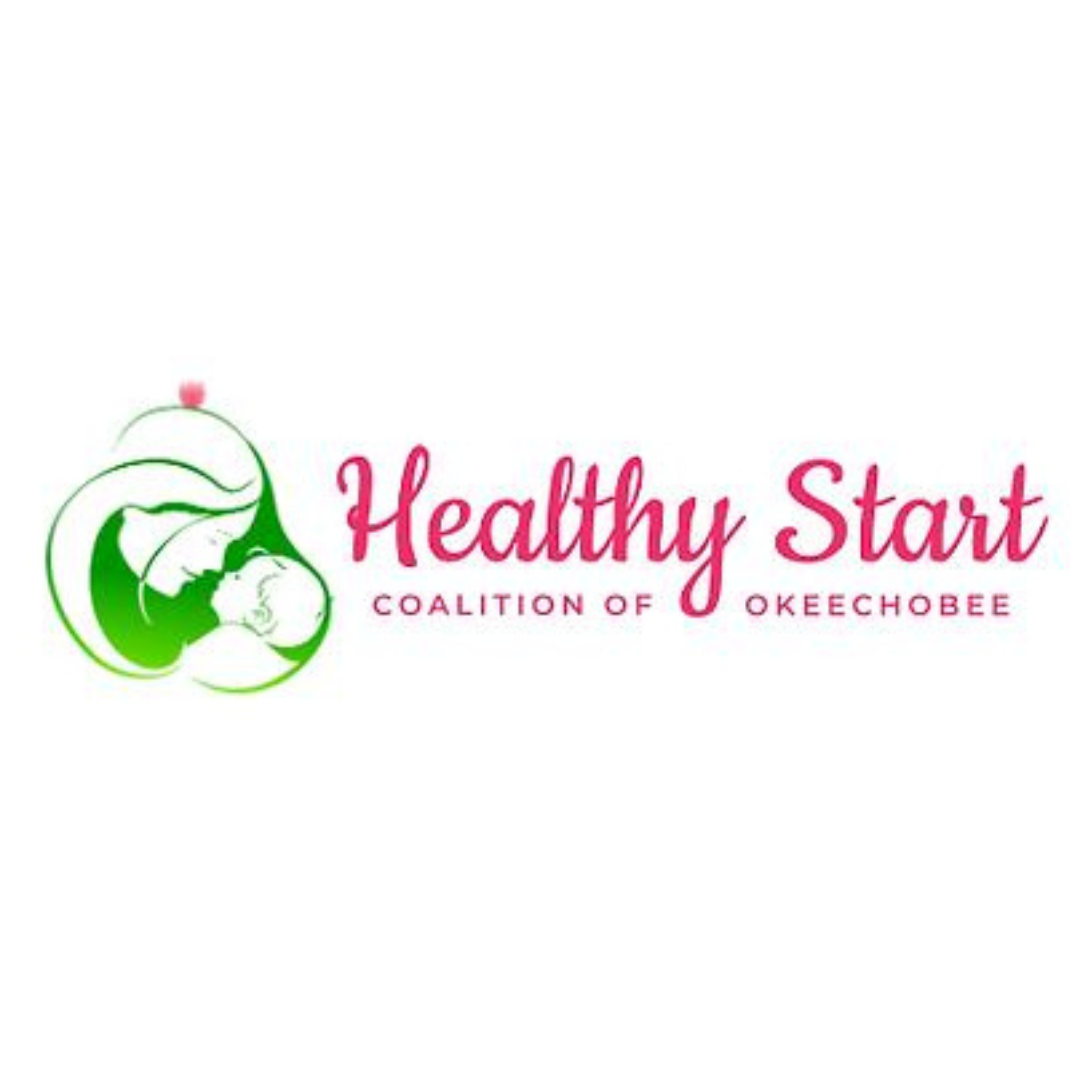 Logo for Healthy Start Coalition of Okeechobee: A mother cradles a baby in a pear-shaped design; text is in pink.