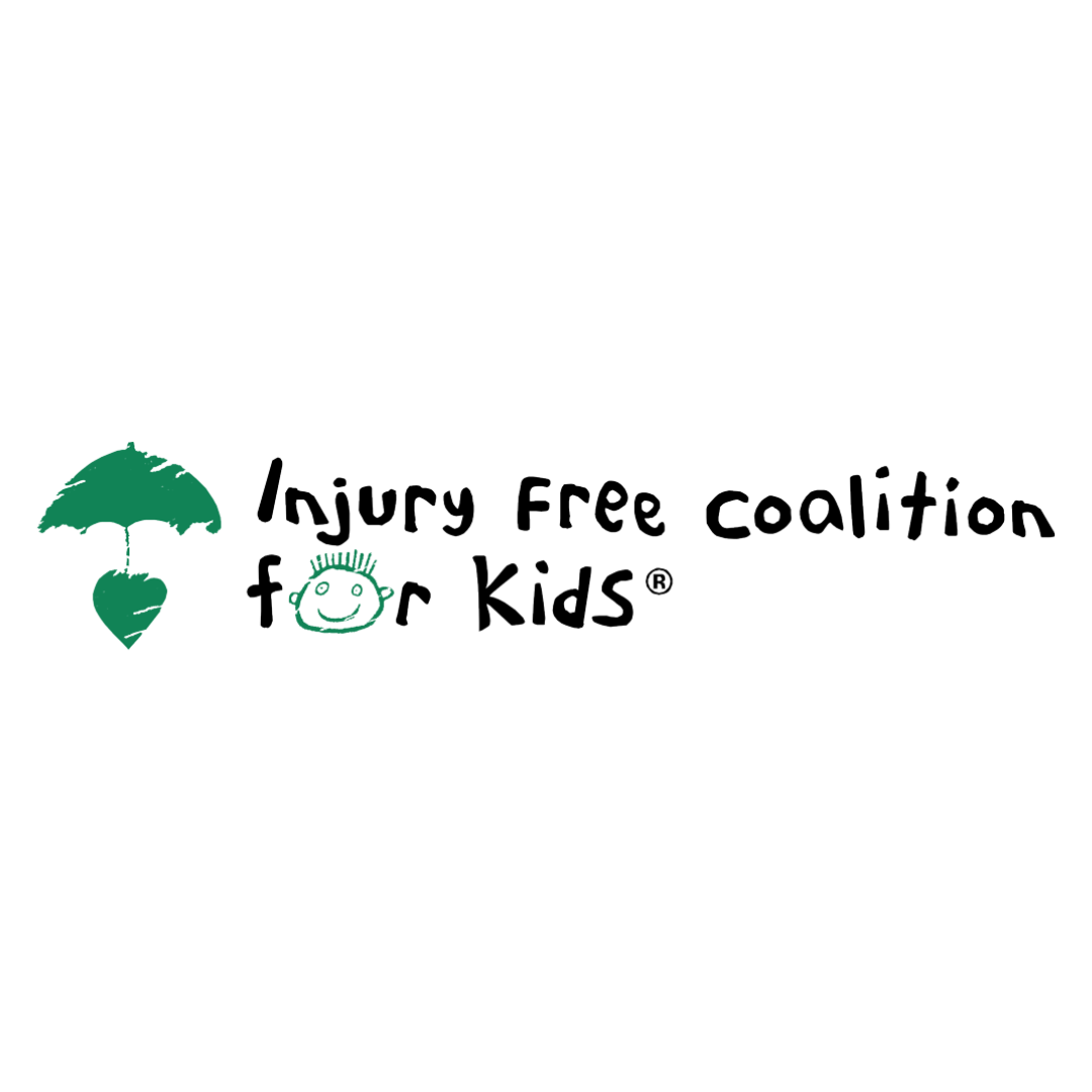 Logo: Green umbrella and heart, text "Injury Free Coalition for Kids," and a smiling face.