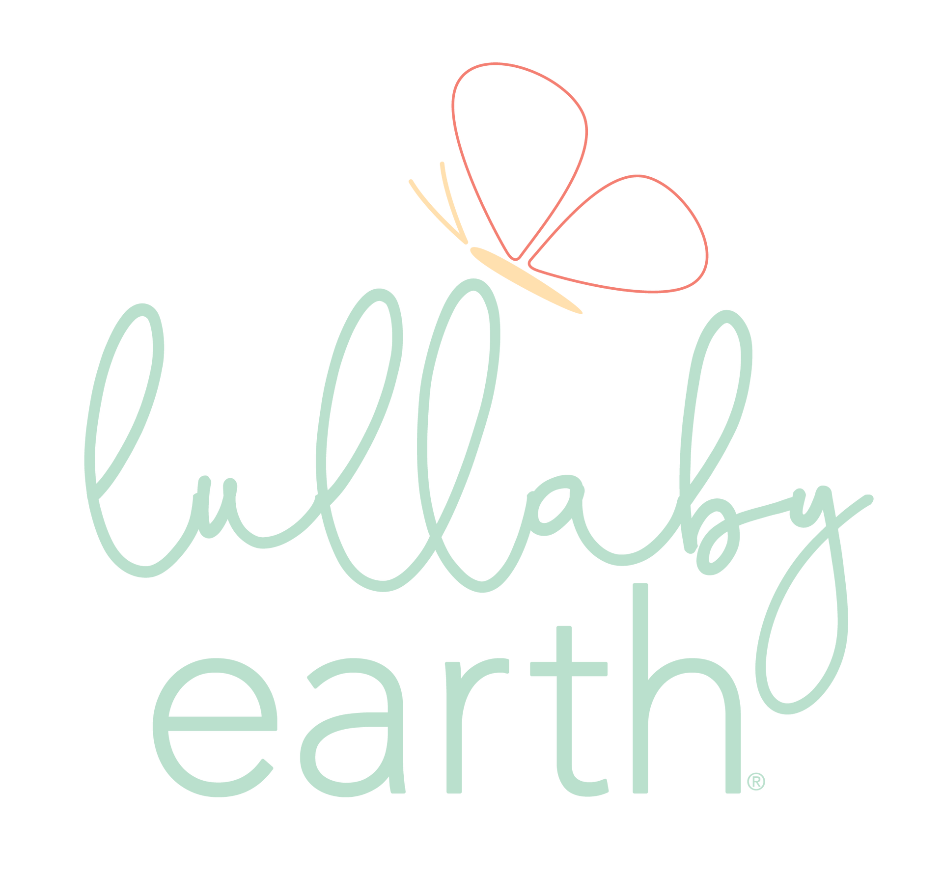 Lullaby Earth logo with light green script text, a butterfly illustration, and a white background.