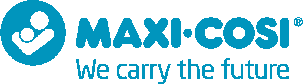 Maxi-Cosi logo with a person holding a baby in a blue circle and the tagline "We carry the future"