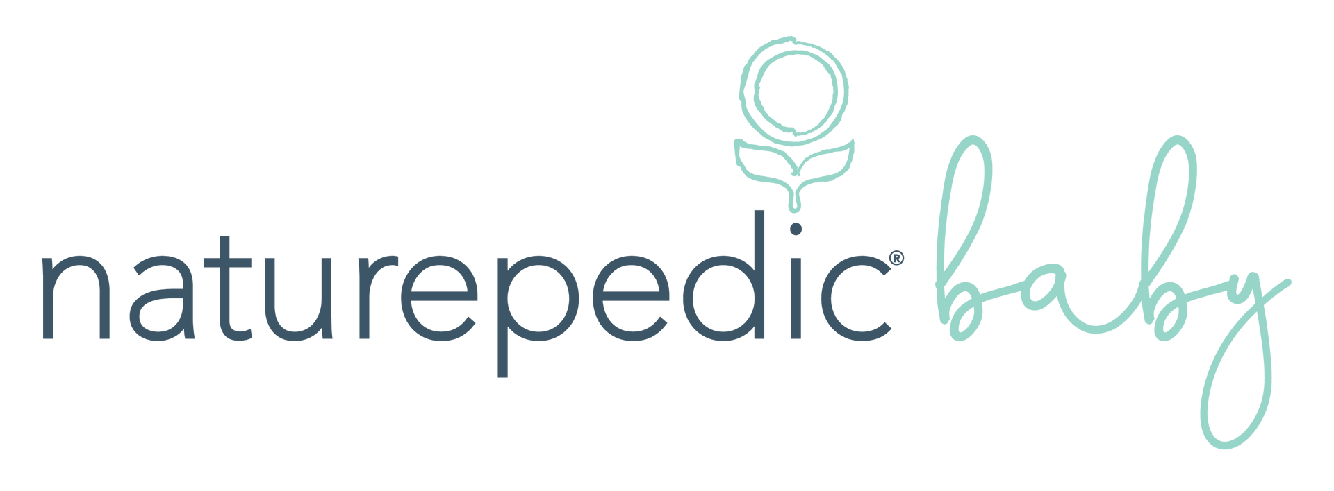 Naturepedic baby logo with a teal circle graphic over the text.