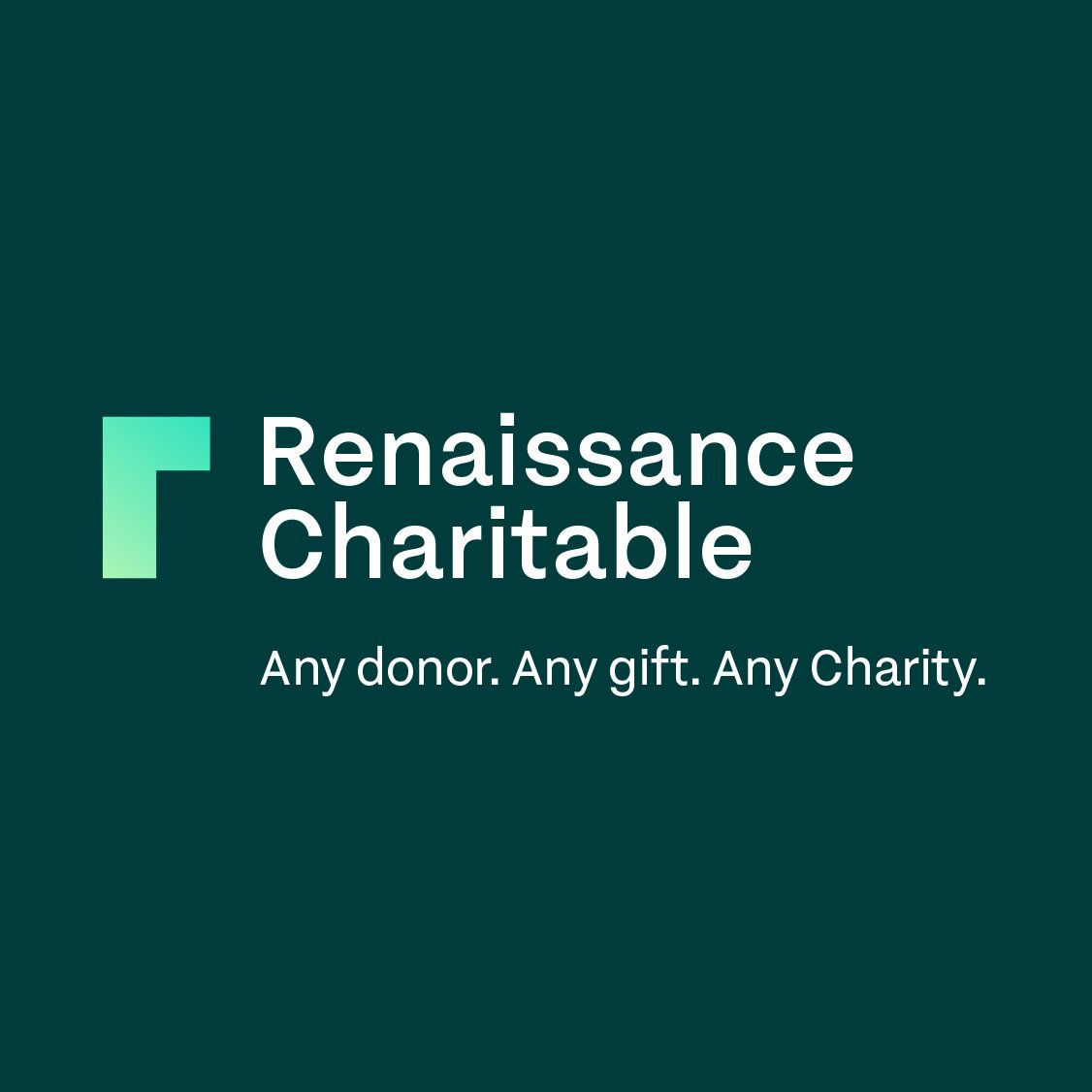 Logo for Renaissance Charitable. Renaissance Charitable." Slogan: "Any donor. Any gift. Any Charity."