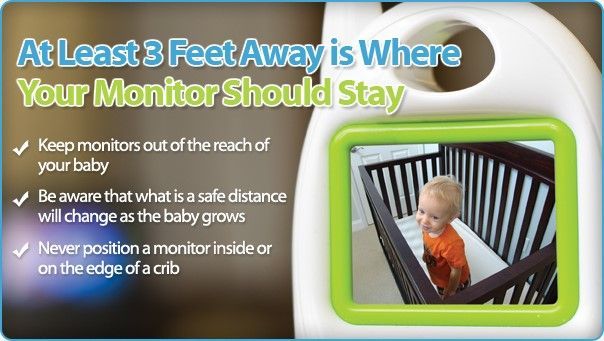 Safety graphic with text: keep baby monitors at least 3 feet away from crib.