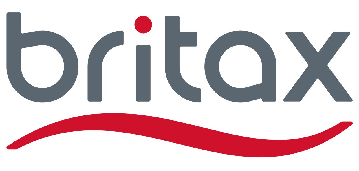 Britax logo with gray text, red dot, and red wavy line.
