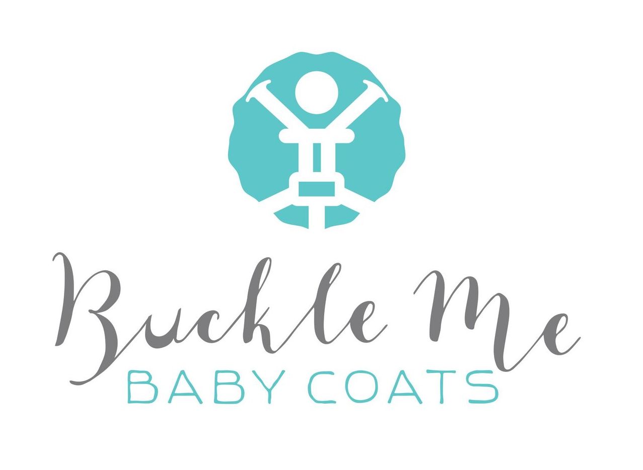 Logo for Buckle Me Baby Coats: teal graphic of a baby in a harness, with company name in grey script.