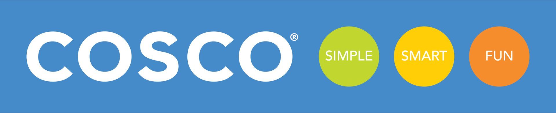 Cosco logo: White text on blue background. "SIMPLE" in green circle, "SMART" in yellow, "FUN" in orange.