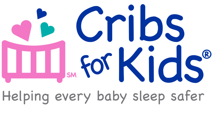 Logo for Cribs for Kids. Pink crib icon, hearts, and blue text: Helping every baby sleep safer.