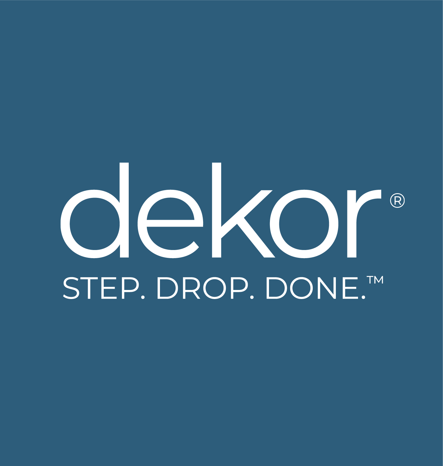Dekor logo on a blue background; text reads "dekor" above "STEP. DROP. DONE.™".
