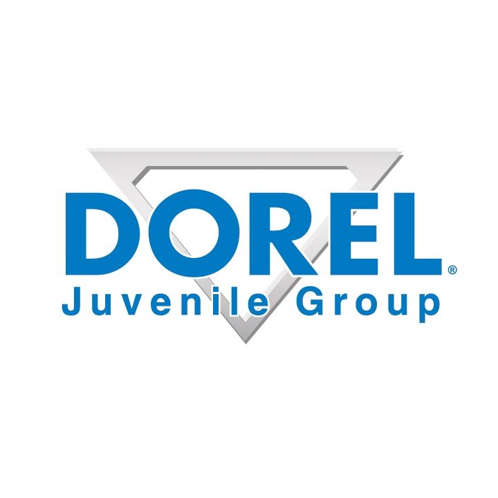 Dorel Juvenile Group logo, blue text on white, with a silver triangle shape.
