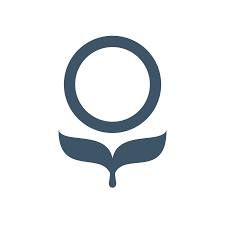 A dark blue circle above two curving leaves, resembling a flower or whale tail.