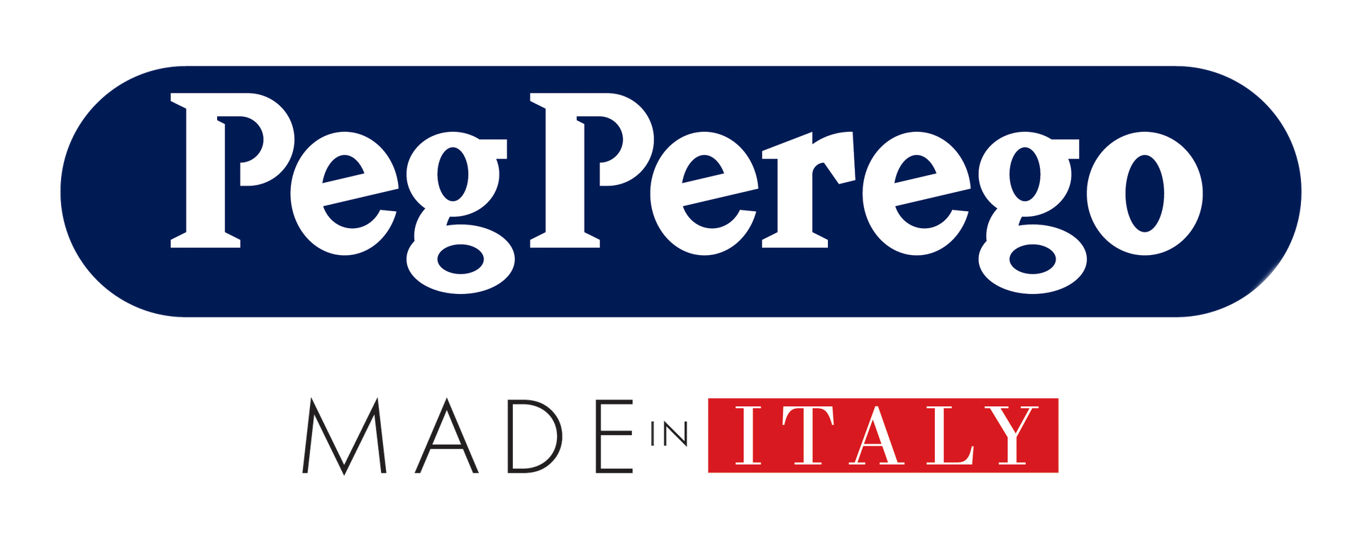 Peg Perego logo with a blue oval containing white text above "MADE IN ITALY" with "ITALY" in red.