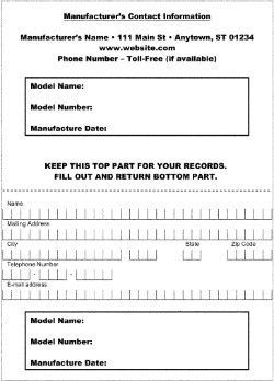 Form with manufacturer's contact info. Fields for model name, number, date; return section.