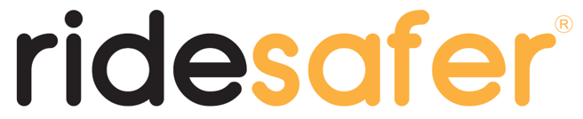 "ridesafer" logo, black text "ride" and orange text "safer".