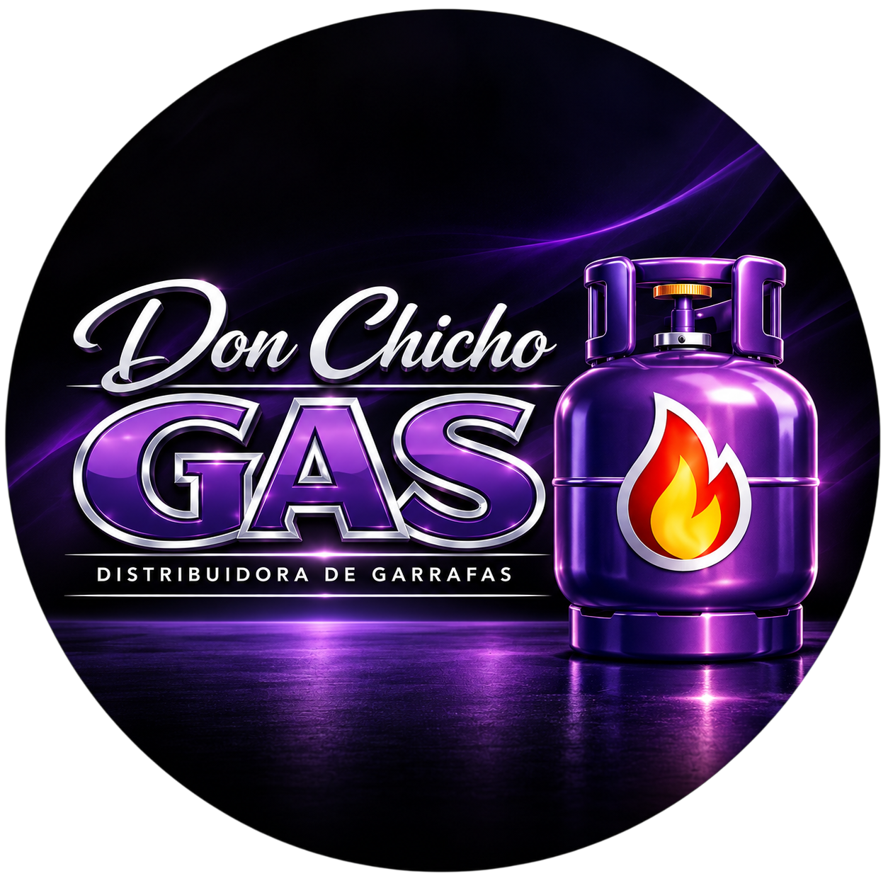 Logotipo de Don Chicho GAS con cilindro de gas morado y llama sobre fondo negro