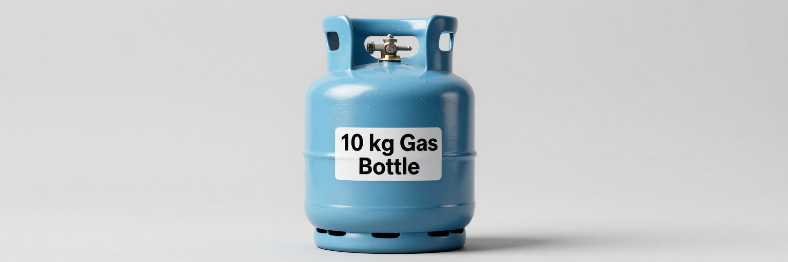 Botella de gas azul de 10 kg sobre un fondo blanco liso.