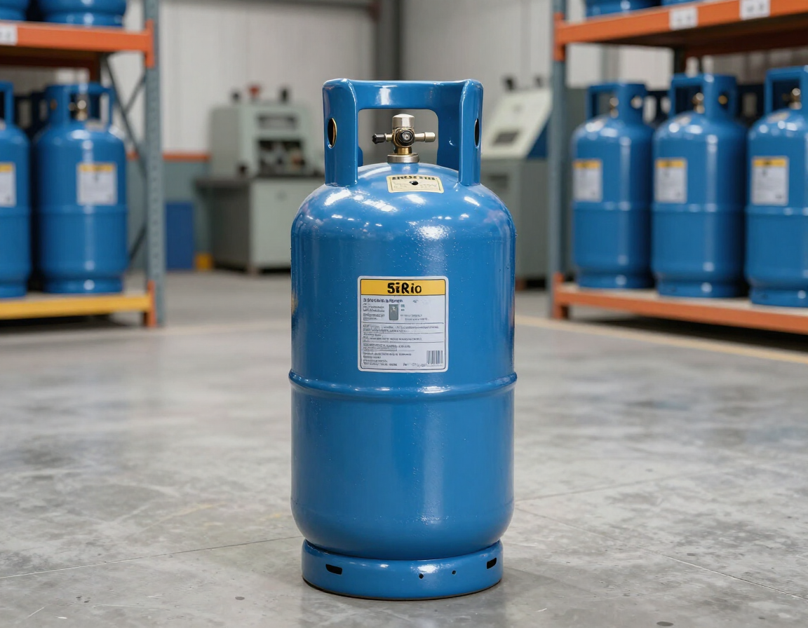 Cilindro de gas propano azul en un pasillo de un almacén con más cilindros al fondo.